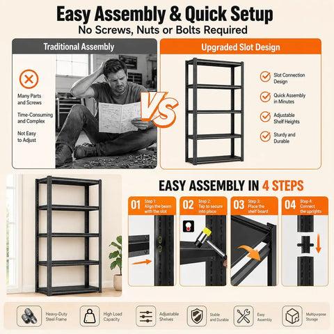 Infographic comparing assembly methods for Big Time 3 Tier Metal Bookshelf With Adjustable Storage Shelves Built Rock Solid From Thick Cold Rolled Steel.