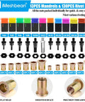 Solid 13 Inch Rivnut Tool Kit With 130pcs Assorted Rivet Nuts And Metric Sae Mandrels For Heavy Duty Auto Body Work And Sheet Metal Jobs In Rugged Case, assorted mandrels and rivet nuts shown