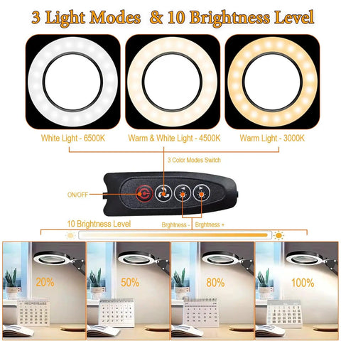 15X Lighted Magnifying Glass With Real Glass Lens showing three color modes and adjustable brightness for crafts and reading