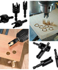 Eight Piece Wood Plug Cutter Set Hex Shank Straight Tapered Drill Bits in use with precision wood plugs on wood surface.