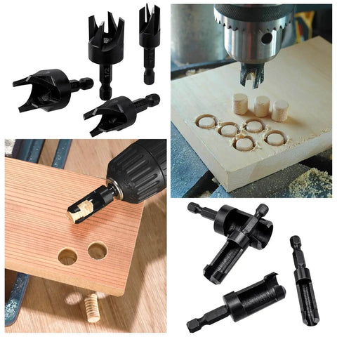 Eight Piece Wood Plug Cutter Set Hex Shank Straight Tapered Drill Bits in use with precision wood plugs on wood surface.