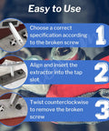 Infographic showing steps to use Screw Tap Extractor Set Of 10 High Speed Steel Remover Bits For Stripped Screws And Broken Head Taps