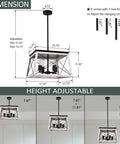 Dimensions of a 4-Light Industrial Rustic Farmhouse Pendant Light In White Rectangular Frame With Height Adjustable Rods.