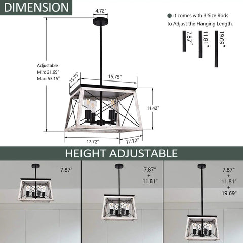 Dimensions of a 4-Light Industrial Rustic Farmhouse Pendant Light In White Rectangular Frame With Height Adjustable Rods.