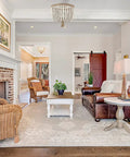 Beige Wood Bead Farmhouse Ceiling Light Three Light Flush Mount Chandelier in rustic cozy living room setting