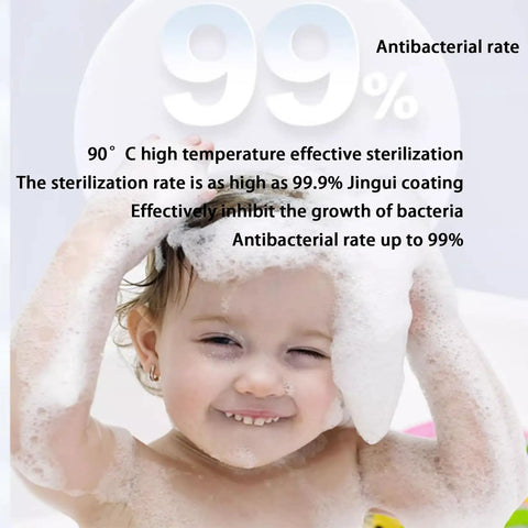Child enjoying a bubbly bath demonstrating antibacterial benefits with 99% effectiveness from a shower setup.