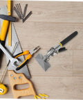 Duckbill Pliers For Sheet Metal Bending With Non Slip Grip Standing Seam Roofing Tool among various hand tools on wooden surface.