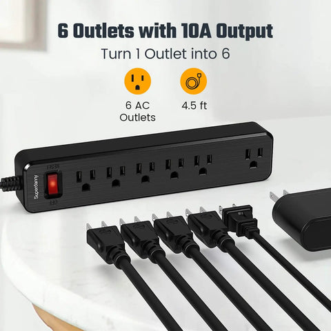 Six-Outlet Surge Protector Power Strip With 4.5 Ft Extension Cord, 900 Joules Of Protection, Overload Switch, Black on table