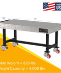 Boss Grade Heavy Duty Welding Fixture Table With Precision Laser Cut Hole Grid And Sweet Rolling Non Marking Casters 72 By 36 By 36 Inch shown with dimensions and weight specifications.