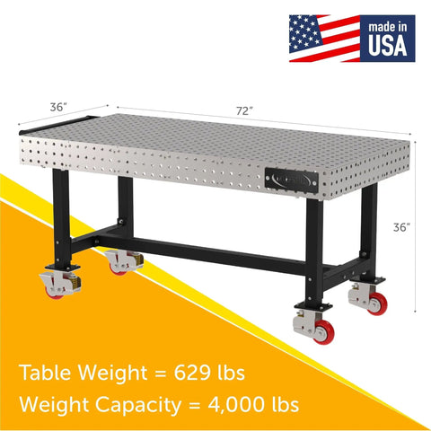 Boss Grade Heavy Duty Welding Fixture Table With Precision Laser Cut Hole Grid And Sweet Rolling Non Marking Casters 72 By 36 By 36 Inch shown with dimensions and weight specifications.
