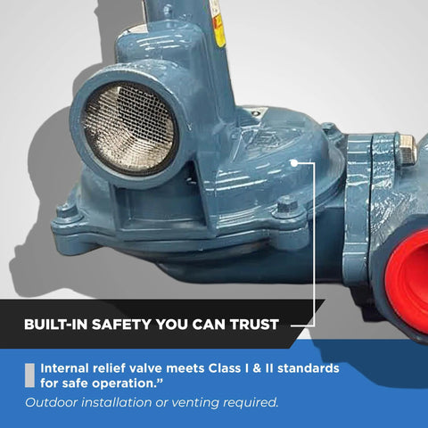 Side view of Natural Gas Regulator NGR02 10 By NMT 1 Inch NPT High Flow Regulator for NG/LPG with built-in safety feature