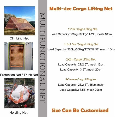Rock Solid Heavy Duty Hoisting Lifting Cargo Net For Material Handling displayed with size options and load capacities.