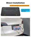 Rear License Plate Holder for Tesla Model 3 and Model Y Mount Kit with bracket frame, screws, caps, 2017-2024 installation diagram.