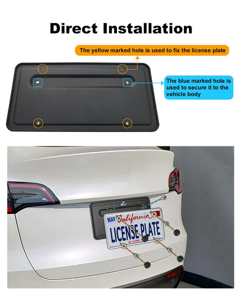 Rear License Plate Holder for Tesla Model 3 and Model Y Mount Kit with bracket frame, screws, caps, 2017-2024 installation diagram.