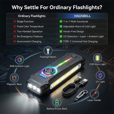 Ultra Flat Stainless Steel EDC Flashlight With 1800 Lumens USB C Rechargeable Pocket Light UV Blacklight Red Cat Light Arrow Shaped RGB Beacon Magnetic Work Light Stepless Dimming on display with features listed.