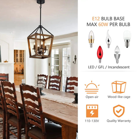 Dining room with Rustic Farmhouse 4 Light Pendant Chandelier With Imitation Oak Wood Grain, open cage style hanging over table.
