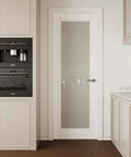 Frosted Glass Interior Door Slab 28 By 80 Inches Shaker Style Prebuilt Panel installed in kitchen with white prefinish.