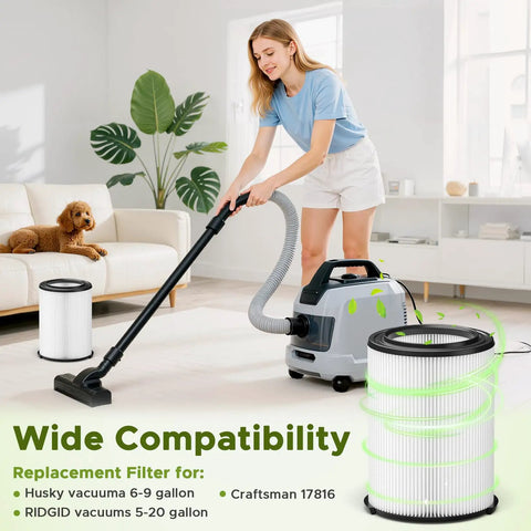 Woman using vacuum with 2 Pack Replacement Filter For Wet Dry Vacuums 5-20 Gallon And 6-9 Gallon Models Compatible With 17816