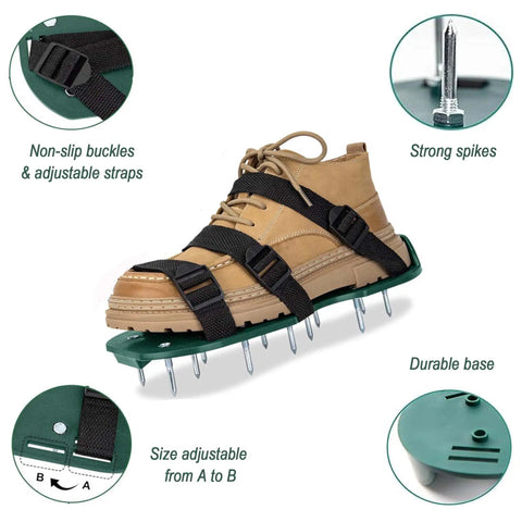 Heavy Duty Lawn Aerator Shoes With Adjustable Straps Spiked Sandals For Yard Garden Lawn Care One Size Fits All Design shown with boot