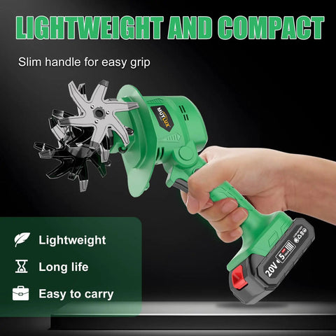 20V Cordless Tiller Cultivator With 2x 2.0Ah Batteries And Charger, lightweight and compact, ergonomic green handle.
