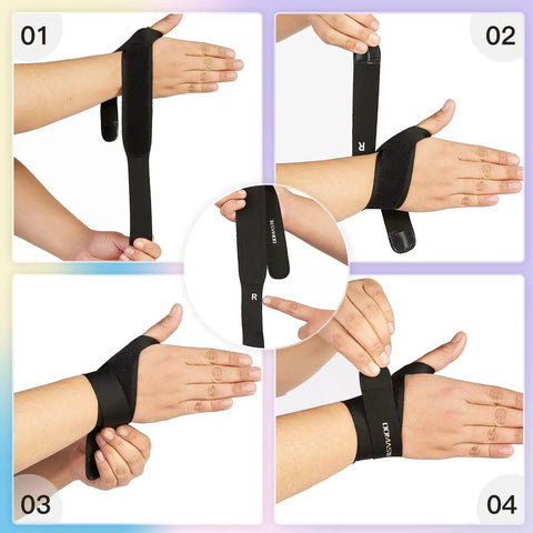 Ultra Thin Pickleball And Tennis Wrist Brace For Pain Relief, breathable elastic thumb and wrist support shown in various angles.