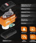 HobbyPark 35kg 360° continuous-rotation servo with orange aluminum housing and exposed metal gear train (exploded view)