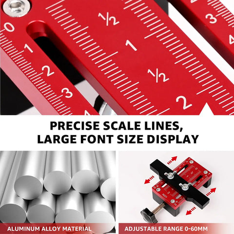 Top Shelf Adjustable Cabinet Door Positioning Jig showing precise scale lines, aluminum alloy material, adjustable range 0-60mm