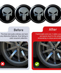 Badass Skull Print Wheel Hub Cap Covers 4 Pack Tough Metal Center Caps on a car wheel showcasing a stylish design.