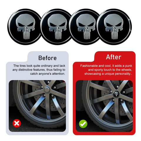 Badass Skull Print Wheel Hub Cap Covers 4 Pack Tough Metal Center Caps on a car wheel showcasing a stylish design.