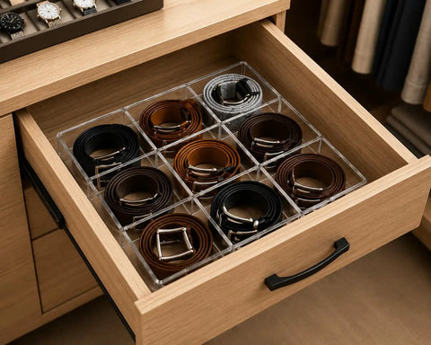 Keep Your Gear Legit With This Stackable Acrylic Belt Organizer featuring nine roomy compartments for belts in a drawer.