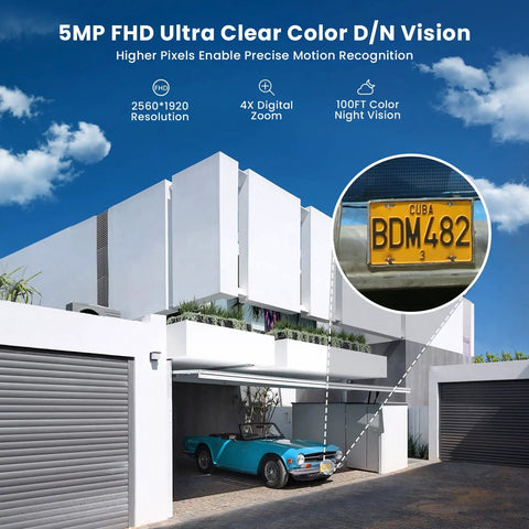 Modern home with solar powered wireless outdoor security camera system with 360 degree PTZ, spotlight and siren, 5MP color night vision