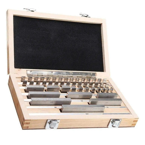 Dead Accurate Pro Grade Metric Gauge Block Set With Straight Shooting Steel Rulers And Router Table Setup Bars For Knockout Woodworking Precision Including Heavy Duty Storage Case 32 Pcs in wooden case with steel gauge blocks.