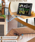 Indoor Outdoor Wireless Weather Station With Large Six Point Seven Inch LCD Display Digital Thermometer on table showing temperature and humidity