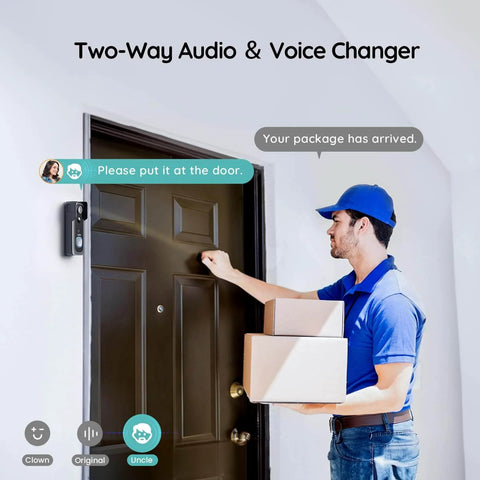 Delivery person at door with Wireless Video Doorbell With No Subscription Fees, 2K HD Live View, Two Way Audio shown installed