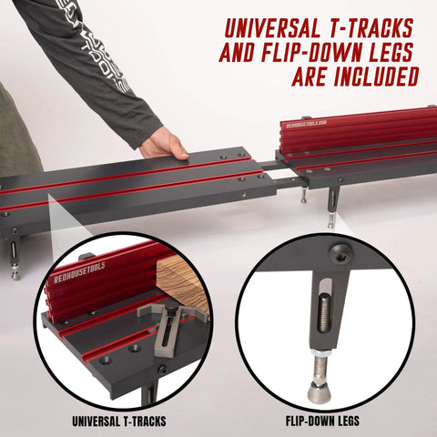 Heavy Duty 24 Inch Aluminum T Track Extensions For Woodworking Setup With Splice Plates And Hardware Set Of 2 showing t-tracks and flip-down legs.