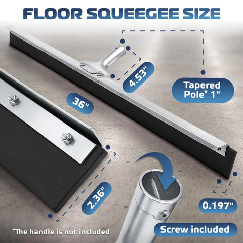 36 Inch Neoprene Blade Garage Floor Squeegee With Tapered Pole Connection for tiles, concrete, and asphalt, shown with measurements.
