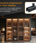 Adjustable Iron Cabinet Hinge Clamp Set for Frameless Glass Doors 3 to 5mm Thick, shown on illuminated display case