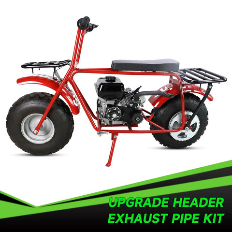 Exhaust Pipe Kit For Predator 212cc And GX Engines Fits Coleman Mini Bike CT200U side view on a red mini bike with green graphics.