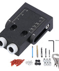 Pro Grade 39 Piece Pocket Hole Jig Kit With 15 Degree Oblique Drill Angle Aluminum Alloy Construction Easy To Read Accurate Scale Includes Positioner And Drill Sockets For Precise Corner Joints And Strong DIY Woodworking Projects, full kit.