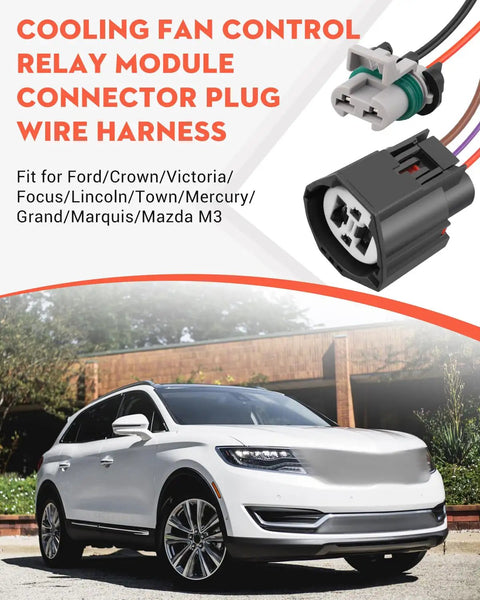Cooling Fan Relay Module Harness Replacement Kit For Ford Lincoln Mercury Mazda Focus Crown Victoria Town Car Grand Marquis And More Plug And Play Ready OEM Grade 902209 6W1Z8B658AC, with connectors and wiring, displayed against a car backdrop