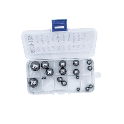 Assorted Chrome Steel Precision Bearing Balls Metric and Imperial Sizes in clear box, 3mm to 19mm, for repairs and builds.