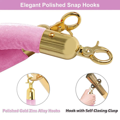 Two Pack Velvet Stanchion Rope Pink With Gold Hooks, Five Foot Party Barrier For VIP Events, close-up of snap hook detail
