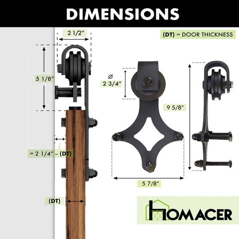 Dimensions of Black Rustic Non Bypass Sliding Barn Door Hardware Kit for Two Doors with 15 Foot Flat Track Diamond Design