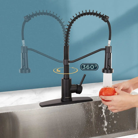 Black Kitchen Faucet With Pull Down Sprayer, Single Handle Sink Faucet, Matte Black Stainless Steel Pro Grade Kitchen Faucet With Deck Plate For 1 Or 3 Holes shown with 360-degree rotation feature, commercial style