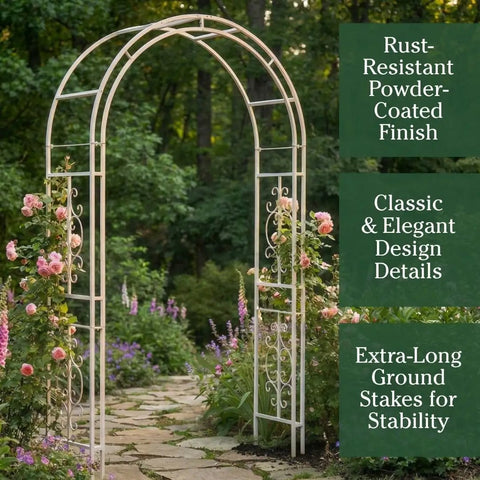 Arch Metal Outdoor Garden Arbor Montebello White 7 Feet Tall Iron Trellis Lattice For Climbing Plants Wedding Arch And Outdoor Patio Decor For Yard Entryway in garden with climbing roses