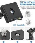 Rock Solid 50mm Quick Release Clamp for Camera Tripod Heads with Three Eighths to One Quarter Inch Adapter detail view