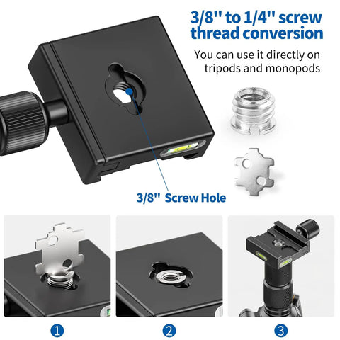 Rock Solid 50mm Quick Release Clamp for Camera Tripod Heads with Three Eighths to One Quarter Inch Adapter detail view