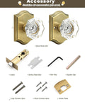 Octagonal Diamond Crystal Doorknob In Antique Brass Finish, Keyless Passage Door Knob Ideal For Hall Closet Pantry Or Laundry Room, Heavy Duty Zinc Rosette Plate, Durable Interior Door Hardware 1 Pack components display with accessories including latch, screws, and tools.