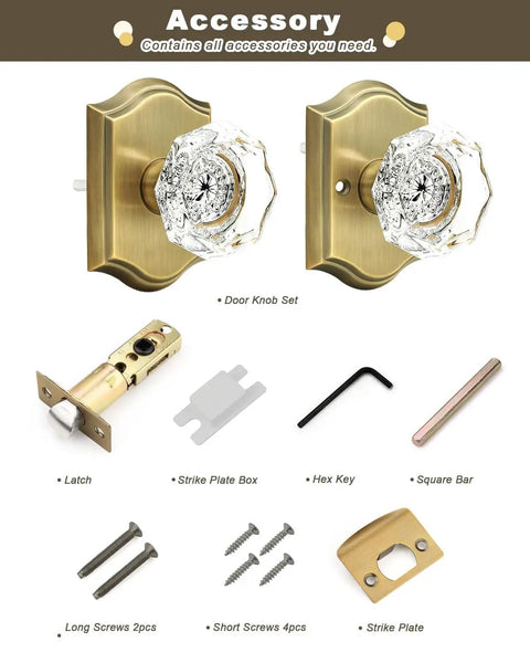Octagonal Diamond Crystal Doorknob In Antique Brass Finish, Keyless Passage Door Knob Ideal For Hall Closet Pantry Or Laundry Room, Heavy Duty Zinc Rosette Plate, Durable Interior Door Hardware 1 Pack components display with accessories including latch, screws, and tools.