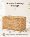 Handwoven Water Hyacinth Storage Trunk With Lid And Handles, rustic wicker chest, 30in L x 17in W x 17in H, natural finish